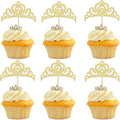 Gyufise 24Pcs Gold Princess Crown Cupcake Toppers Glitter Princess Cake Pick Decorations for Wedding Girl Birthday Baby Shower Party Decorations Light Gold