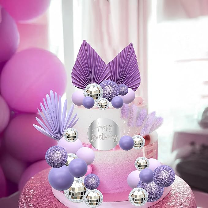 Ephlyn 33 Pack Balls Cake Toppers Boho Palm Leaves Cake Decorations Round Acrylic Happy Birthday Cupcake Toppers for Birthday Wedding Baby Shower Party Supplies Purple
