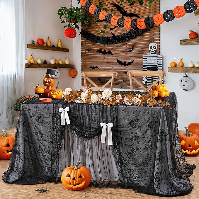 Black Lace Tablecloth Halloween Table Fabric 60x120 Inch for Scary Movies Rustic Wedding Bridal Shower Party Decoration Rectangle Overlay Long Vintage Embroidered Reception Table Cloth Decor