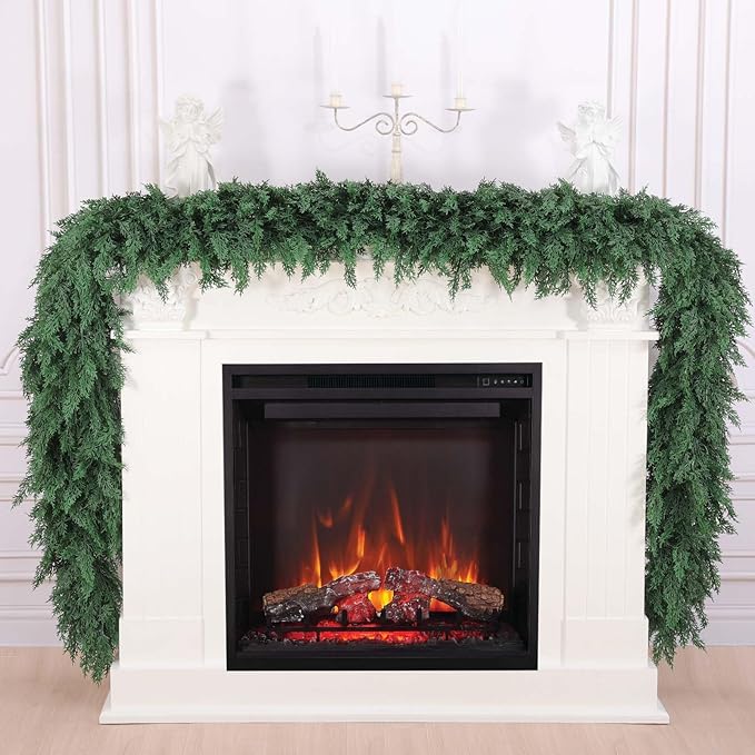 Hananona 9 FT Artificial Cedar Garlands, 2 Pcs Real Touch Winter Cedar Pine Garland, Green Artificial Greenery Garland for Table, Mantle, Wall, Indoor, Outdoor Christmas Decorations (2, 9 FT)