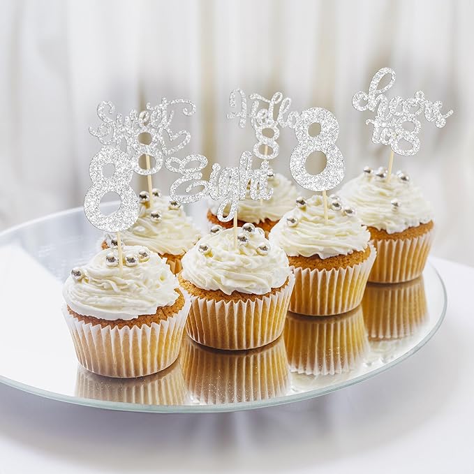 30Pcs 8th Birthday Cupcake Toppers Glitter Eight Hello 8 Cupcake Picks Cheers to 8 Years Old Cake Decorations for 8th Birthday Party Supplies Silver