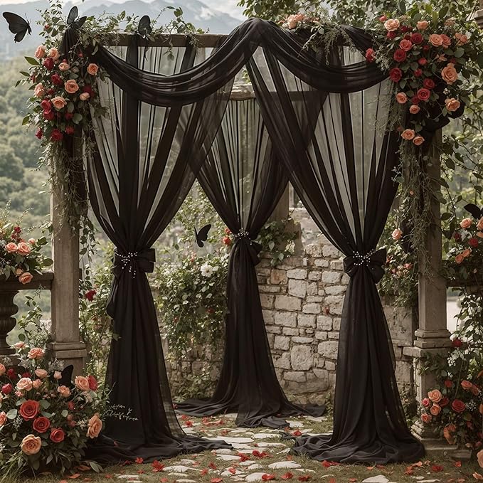 Wedding Arch Draping Fabric,2 Panels 18FT Black Sheer Chiffon Curtain Drapes 6 Yards for Wedding Ceremony Birthday Party Decoration