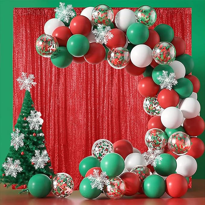Hahuho Red Sequin Backdrop Curtain, 2PCS 2FTx8FT Glitter Backdrop Curtain for Parties, Christmas, Wedding, Party Decoration（2 Panels, 2FT x 8FT, Red