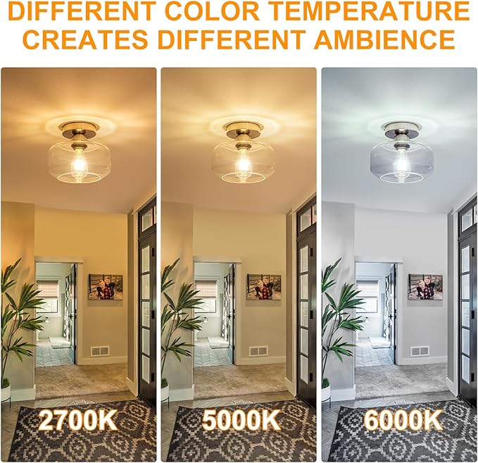 Semi Flush Mount Ceiling Light Fixture - Clear Glass & Brushed Nickel Base with 900 Lumen LED - Modern Kitchen Lighting Fixtures for Bathroom Hallway Entryway