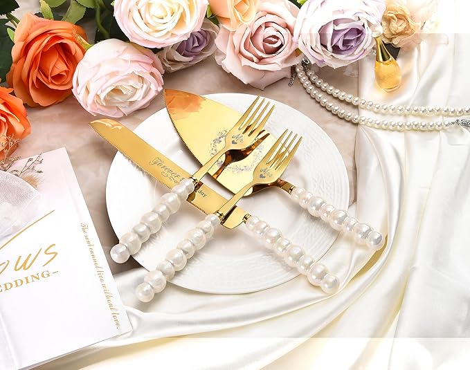 Wedding Cake Knife and Server Set,Gold Cake Cutting Set for Wedding,Ceramic Pearl Handle Wedding Cake Cutting Set for Engagements,Weddings, Anniversaries,and Engagement Gifts for Couples