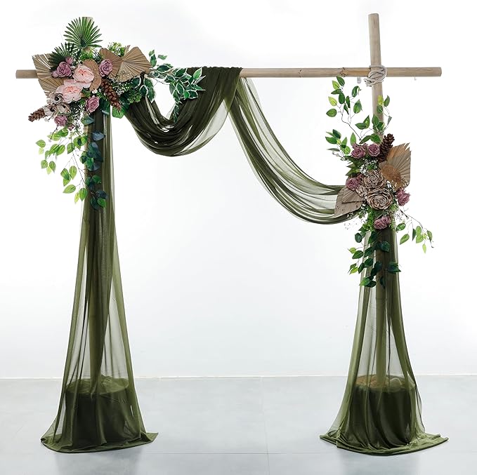 VDS Pack of 4 Panel (30 Inch X 20 Feet) Wedding Arch Draping Fabric Sheer Chiffon Fabric Drapery for Wedding Ceremony Reception Swag Backdrop Canopy Chuppah ARBO Altars Decoration (Olive)