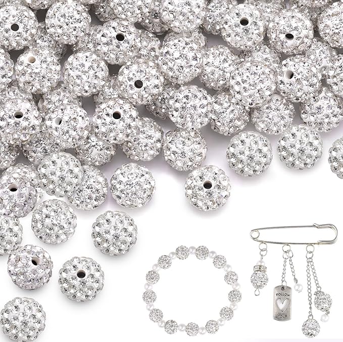 150 pcs 10mm Rhinestone Beads for Jewelry Making, White Shiny Round Shamballa Disco Beads Bulk, Sparkle Crystal Clay Christmas for Bracelet Baseball Necklace Earring Crafting and DIY