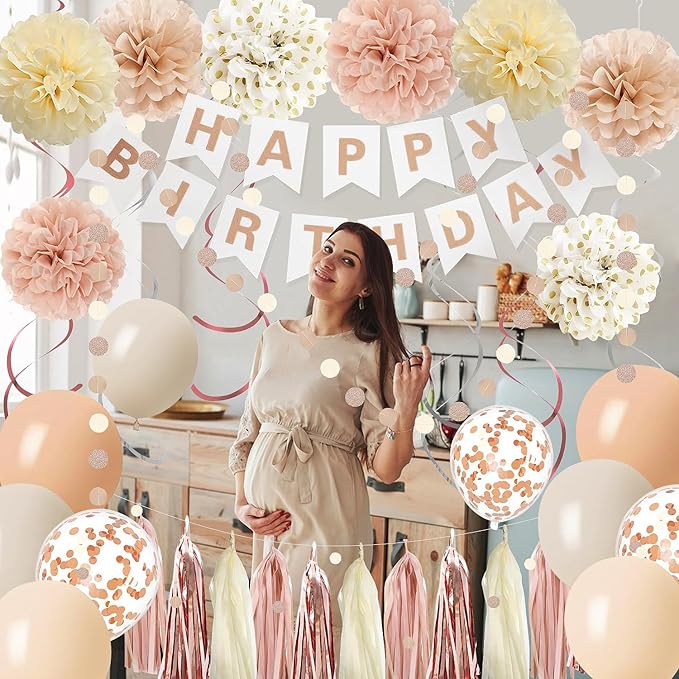 Rose Gold Birthday Party Decorations Kits with Happy Banner,Cake Topper,Hanging Swirls,Tissue Paper Pompoms,Paper Tassels Garland,Confetti Balloons for Women Girls Birthday Party