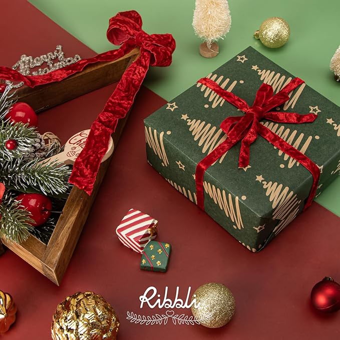 Ribbli Red Velvet Ribbon 3/8 Inches Luxury Crinkled Red Christmas Ribbon for Gift Wrapping Crafts Home Decor-Continuous 10 Yard