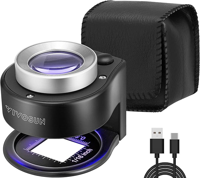 VIVOSUN 30X Rechargeable Loupe Magnifier with White LED Light and UV Light, Portable Magnifying Glass with Optical Glass Lens & Scale for Jewelry, Textile, Gems, Stamps, Coins and Plants