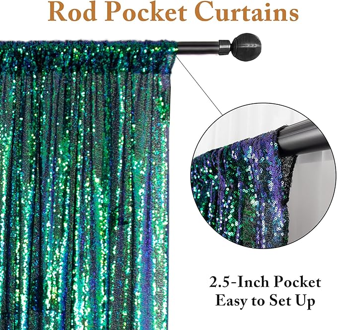 ShinyBeauty Sequin Backdrop 4 Pieces Iridescent Green Sequin Curtains Panels Photograph Backdrops Shimmer Background Christmas Birthday Party Decor Glitter Curtain (2Ftx8Ft)