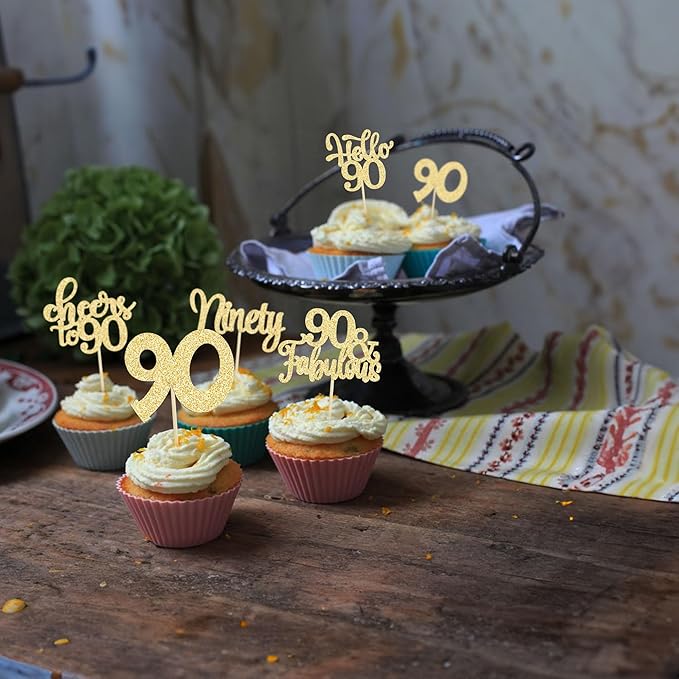 30pcs Happy 90th Birthday Cupcake Toppers - Gold Glitter Ninety Cheers to 90 Years Old Cupcake Picks for Anniversary Party Cake Decorations