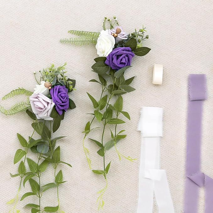 DORIS HOME Wedding Chair Decorations Purple Pew Flowers Set of 10 for Wedding Ceremony Party Aisle Decor with Artificial Flowers Eucalyptus and Ribbons