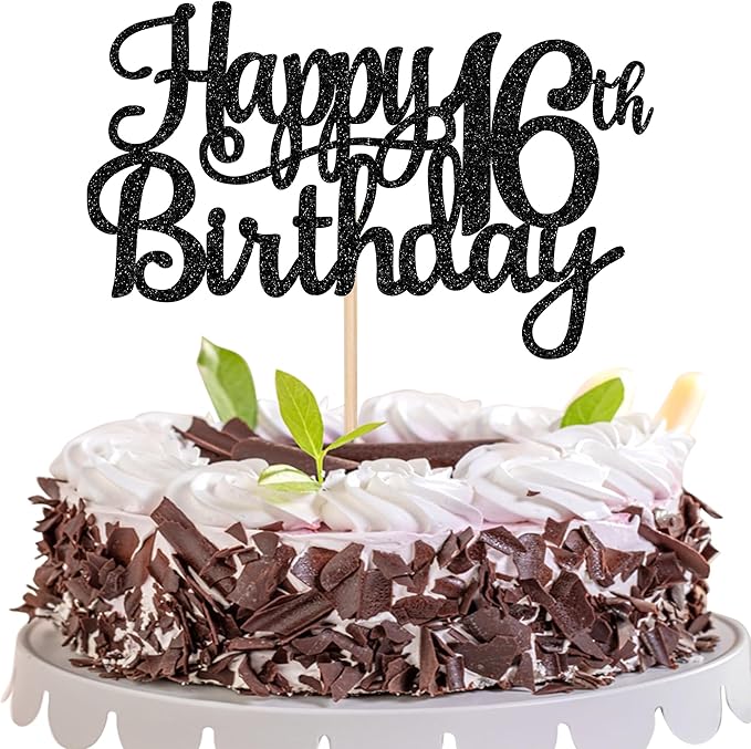 1 PCS Happy 16th Birthday Cake Topper Glitter Cheers to 16 Years Birthday Cake Pick Sweet 16 Fabulous Cake Decoration for Happy 16th Birthday Theme Party Decorations Supplies Black