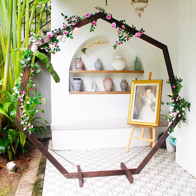7FT Wedding Arch, Heptagonal Wood Arch for Wedding Ceremony, Arbor Backdrop Stand for Garden Parties, Indoor, Outdoor, Wooden Arbor Rustic Farmhouse Theme