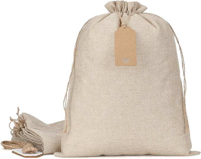 Tapleap Burlap Gift Bags with Drawstring - 10Pcs 12x16 Original Sacks with String and Tags for Wrapping Halloween Favors, Breads, Wine, For Birthday, Wedding or Household Use