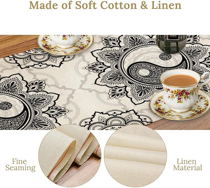 Yin Yang Table Runner, Bohemian Mandala Vintage Black White Traditional Oriental Floral Print Table Runner for Home Kitchen Dining Table Wedding Party Decor, 13x120inch