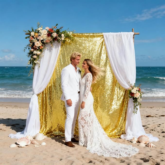 VOK Gold Sequin Backdrop Curtains 4 Panels 2FTx8FT Glitter Photography Background for Wedding Birthday Christmas Party Decorations