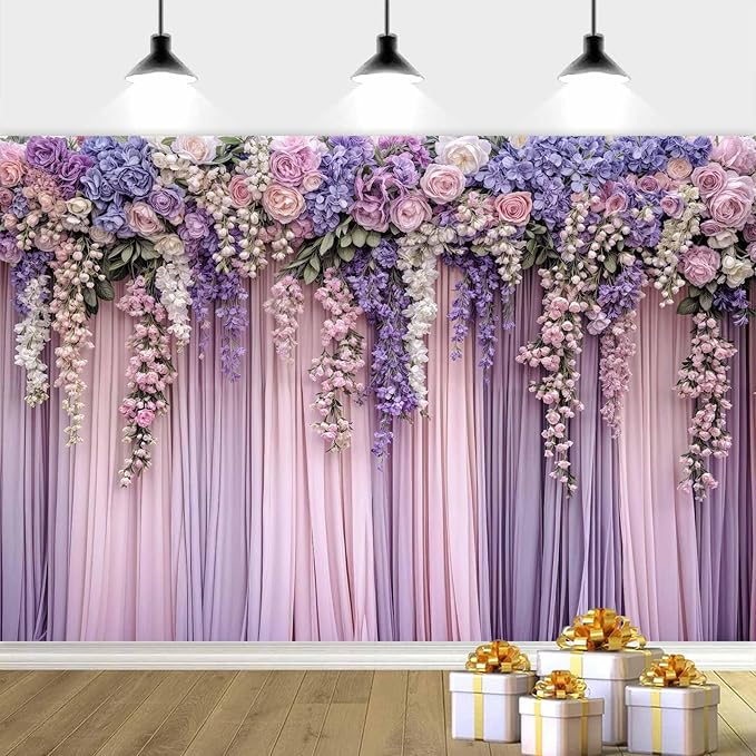 5x4ft Purple Flower Wedding Photography Backdrop Lavender Floral Wedding Bridal Photography Backdrop Anniversary Birthday Baby Shower Girl Party Banner Photo Booth Props Background Wall Decor