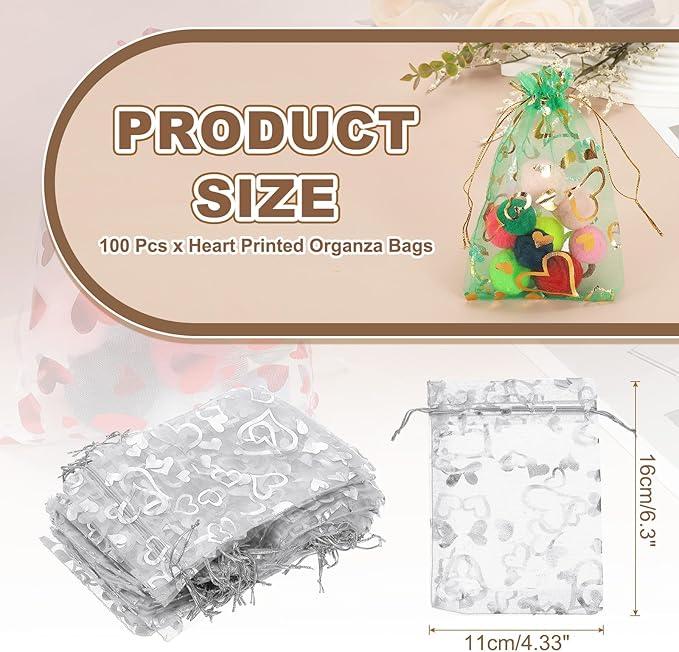 PATIKIL 100 Pcs 4x6 Inch Heart Printed Organza Bags, Silver Sheer Heart Organza Bags with Drawstring for Christmas Candy Jewelry Party Wedding Favor Gift