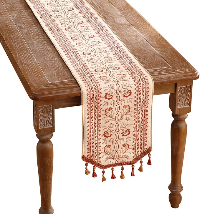 ISAENNE Designer Vintage Linen Extra Long Table Runner 118 Inches,Red Floral Pattern Modern Decor Table Runners for Dining Tables,Thanksgiving,Kitchen Tables,Christmas,Banquet,12"*118"-Chamonix A