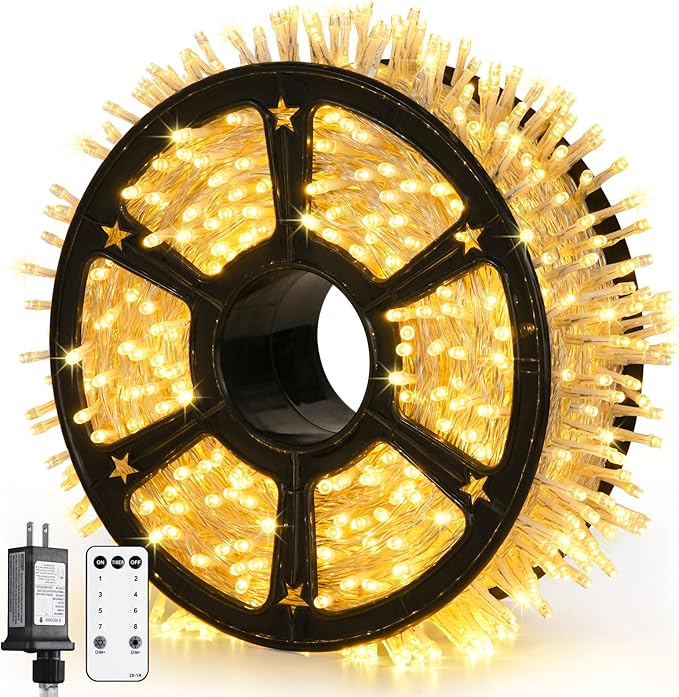 JMEXSUSS 1200 LED Warm White Christmas String Light Outdoor Indoor,Christmas Tree Lights Clear Wire, 315 FT Christmas Lights Plug in for Bedroom Tree Room Party Birthday Decorations, EXS-S-1200