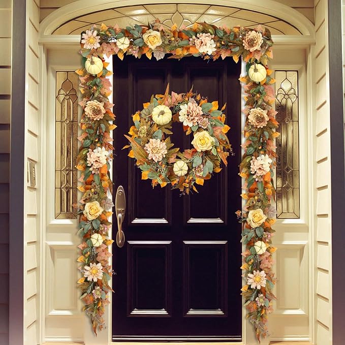 Fall Garland, 6 FT Pumpkin Garlands, Fall Leaves Garland for Table Centerpiece Door Window Fireplace Home Indoor Outdoor Fall Decorations
