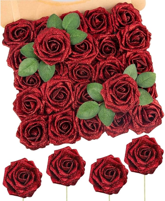 N&T NIETING Artificial Flowers Glowing Red Flowers Foam 50pcs Glitter Roses Real Looking Fake Roses with Stem for DIY Wedding Bouquets Centerpieces Bridal Shower Party Mother's Day Home Decorations