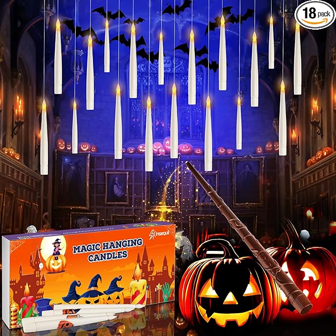 Floating Candles with Wand Remote, 20 Pcs Magic Halloween Hanging Candles, Flickering Warmer Light Flameless LED Candles with DIY Sticker, Battery Operated Halloween Decorations Gifts Indoor (18)