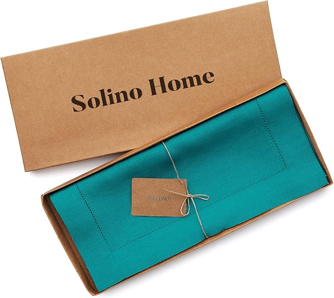 Solino Home Linen Teal Table Runner 72 Inches Long - 100% Pure Linen Hemstitch Table Runner 14 x 72 Inch for Dresser, Dining, Fall, Autumn, Halloween, Thanksgiving, Christmas - Classic Hemstitch