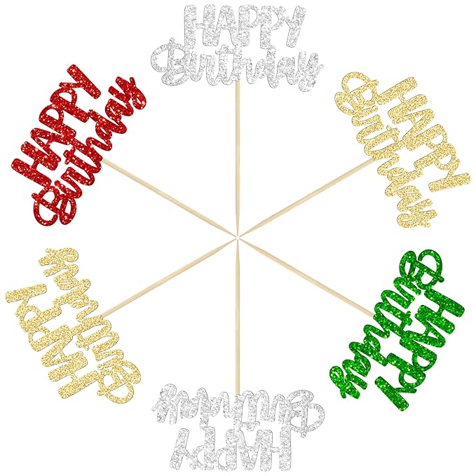Gyufise 24Pcs Happy Birthday Cupcake Toppers Glitter Birthday Cupcake Food Picks for Celebrating Happy Halloween Theme Party Cake Decorations Supplies Silver Red Green Gold