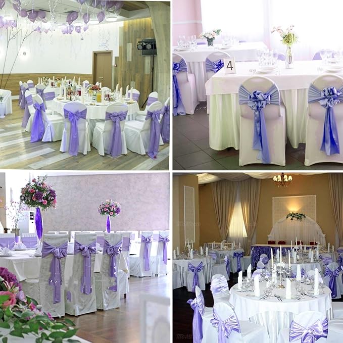 100 PCS Satin Chair Sashes Decorative Bow Chair Sashes Ties Back Ribbon Bows Chair Cover Band for Wedding Birthday Party Ceremony Reception Events Banquet Home Kitchen Decor(7 x108inch,Light Purple)