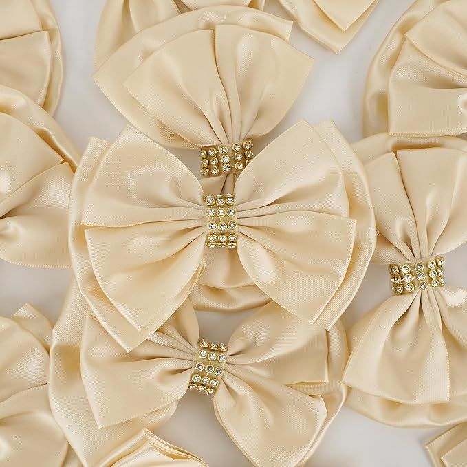Champagne Gold Ribbon Bow 4'' Premade Satin Bows, Gift Bows with Rhinestone, Wrapping Bow for Presents, Greeting Cards, Treat Bags, Wine Bottle, Valentines Bows for Gift Wrapping-12 Counts