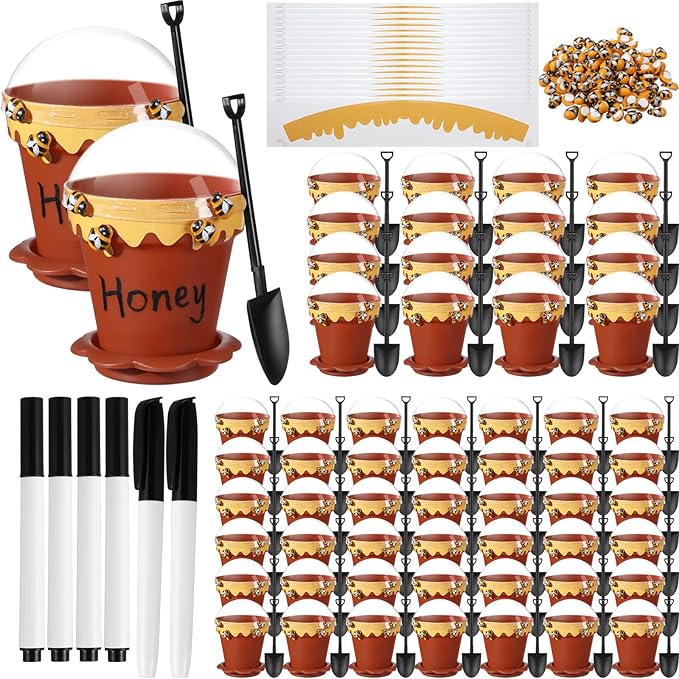 60 Sets Mini Honey Bee Pots with Lids, Spoon, Saucers and Bee Charms, 6.76 OZ Plastic Honey Jars for Cupcake Dessert Themed Party Favor Planter Baby Shower Birthday Wedding Decoration (Brown)