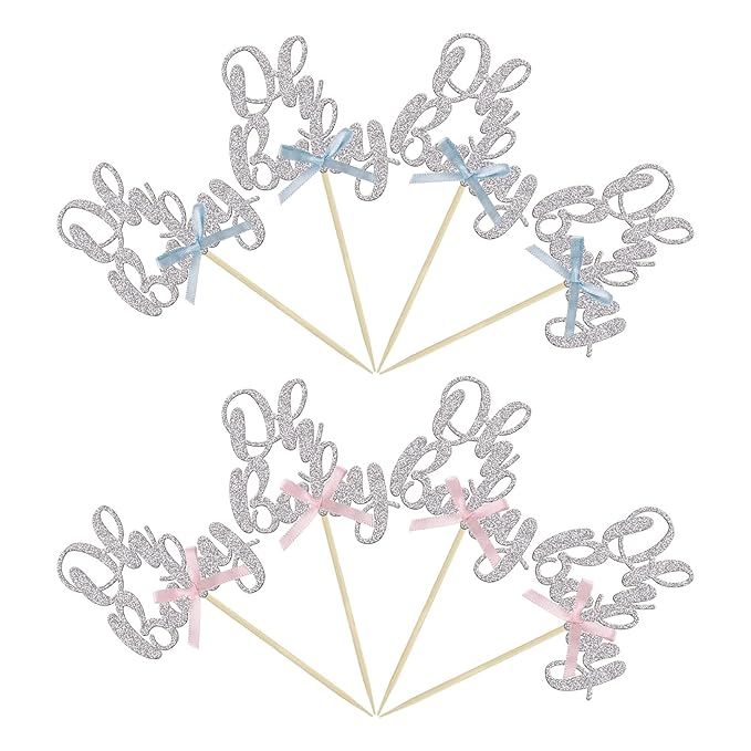 Gyufise 36Pcs Oh Baby Cupcake Toppers with Blue Pink Bowknot Silver Glitter Baby Shower Cupcake Picks Gender Reveal Cupcake Topper Decoration for Gender Reveal Baby Shower Kids Birthday Party Supplies