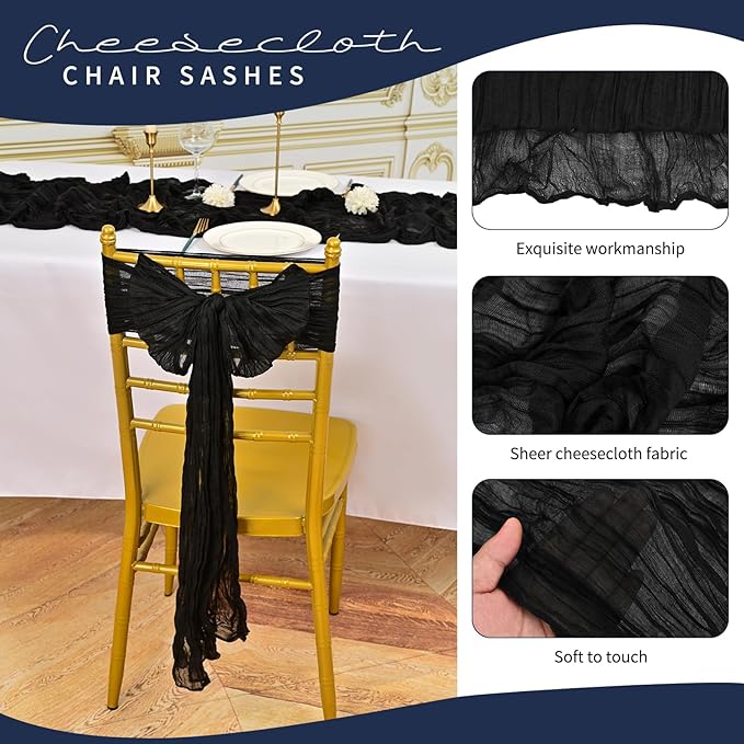50 PCS Cheesecloth Chair Sashes, Bows Designed ChairSashes, 15.7x108 inch Chair Sashes for Aisle Decorations Universal Chairs Cover Decoration for Wedding Reception Party Banquet (Black)