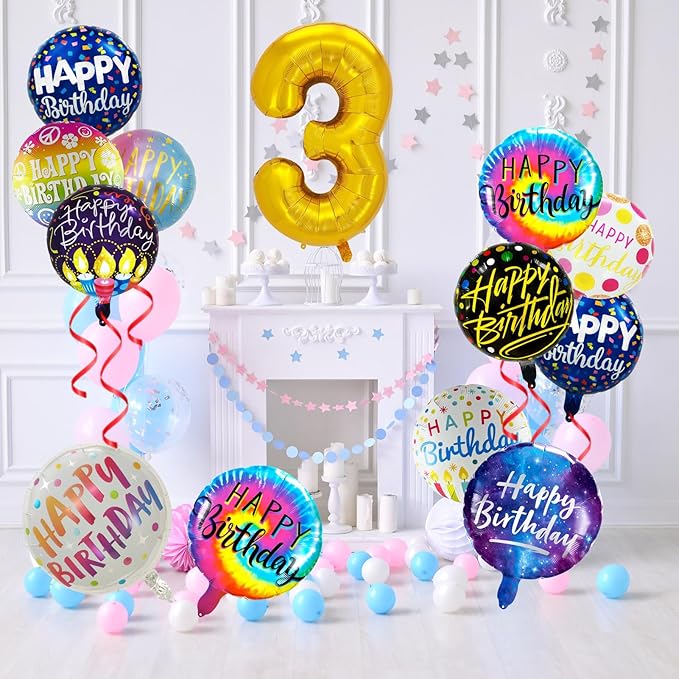 50 Pcs Happy Birthday Party Aluminum Foil Balloons and 3th Birthday Decorations, 18 Inch Round With Sign for Boys/Girls (3)