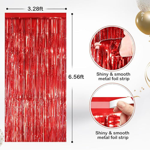 2 Pack Red Metallic Tinsel Foil Fringe Curtains, Door Streamers Photo Booth Backdrop for Birthday Party, Tinsel Curtain Backdrop for Baby Shower Bachelorette Christmas Party Decorations