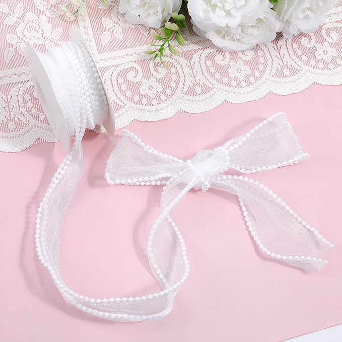 1.5 Inch Faux Pearl Ribbon, Smooth White Ribbon with Pearl Edges Wire, 4.5m Sheer Mesh Ribbons for Gift Wrapping, Bows Bouquet Decor Crafts, Wedding Bridal Decorations
