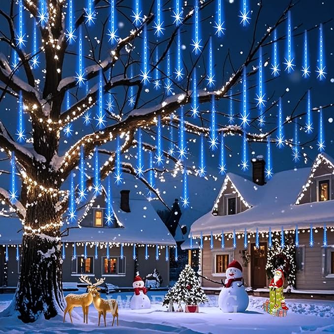 Meteor Shower Lights Outdoor Christmas Lights UL Certified Falling Rain Drop Snowfall Icicle Cascading String Light for Xmas Holiday Tree Wedding Party Garden Decor Blue, 12 Inch 8 Tubes