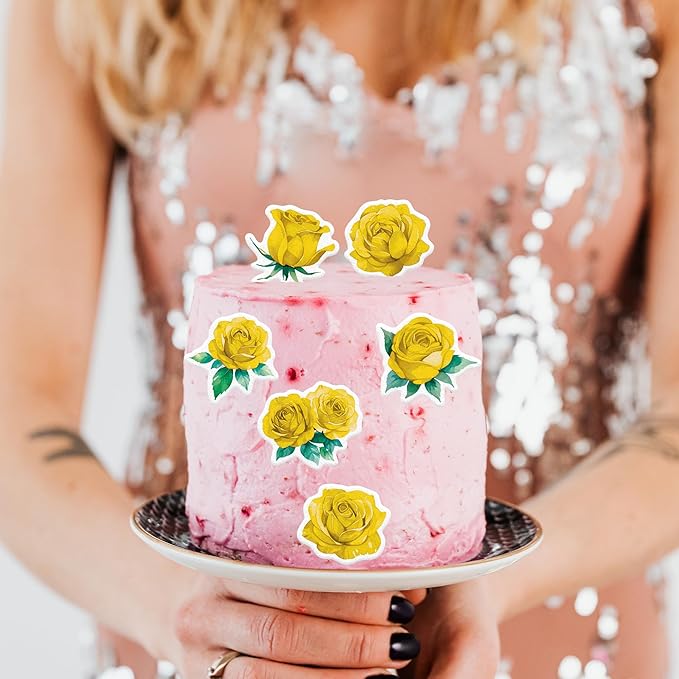 48PCS Edible Rose Flower Cupcake Toppers Wafer Paper Roses Decorations Flower Birthday Party Decorations Rose Cake Toppers for Wedding Engagement Birthday Party Cake Decor Supplies (Yellow)