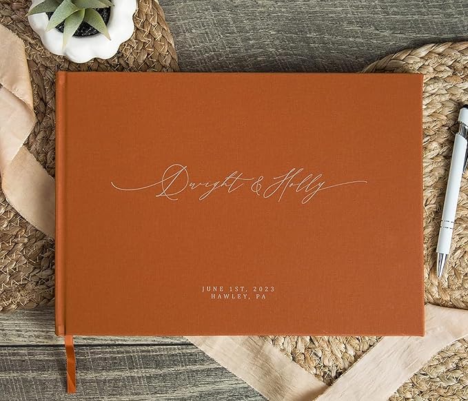 MUUJEE Personalized Guestbook in Terracotta - Premium Custom Modern Guest Book for Wedding Reception, Birthday Party or Events w/Bookmark Blank Pages for Signing 11.5 x 8.5 inches