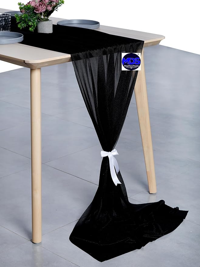 MDS 2 Pack 14ft Chiffon Table Runner 29 x 170 Inches Sheer Wedding Runner Romantic Rustic Table Runner for Wedding Decorations, Birthday Parties, Bridal Shower Party Arch Decor - Black