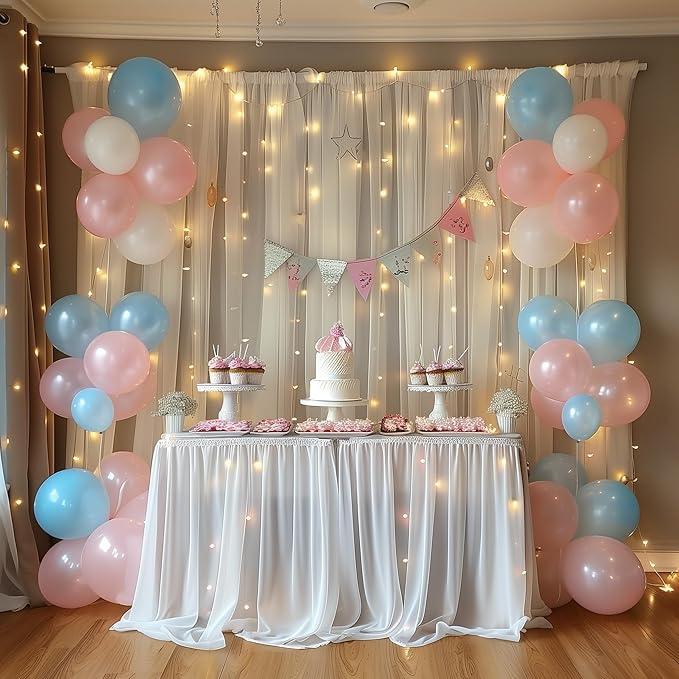 Fomcet Ivory Tulle Backdrop Curtains with Lights String 10FT X 8FT Sheer Curtain with Lights Tulle Curtains Backdrop for Wedding Birthday Party Baby Shower Photo Shoot (2 Panels 5x8FT)