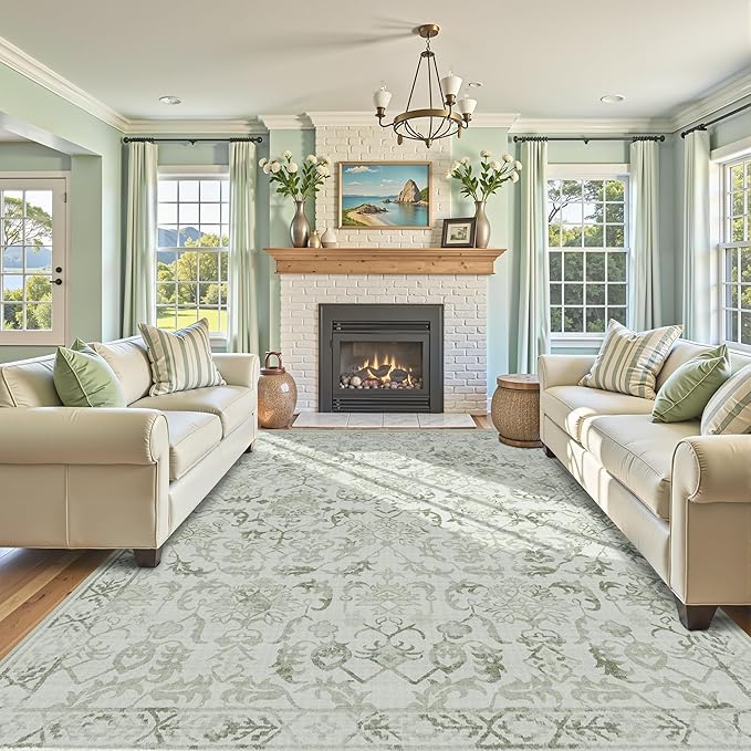 Sage Neutral Large Area Rug10x12 for Living Room, Washable Rug for Dining Room Bedroom, Anti-Slip Low-Pile and Soft Accent Rug Farmhouse Office Home Decor Light Green