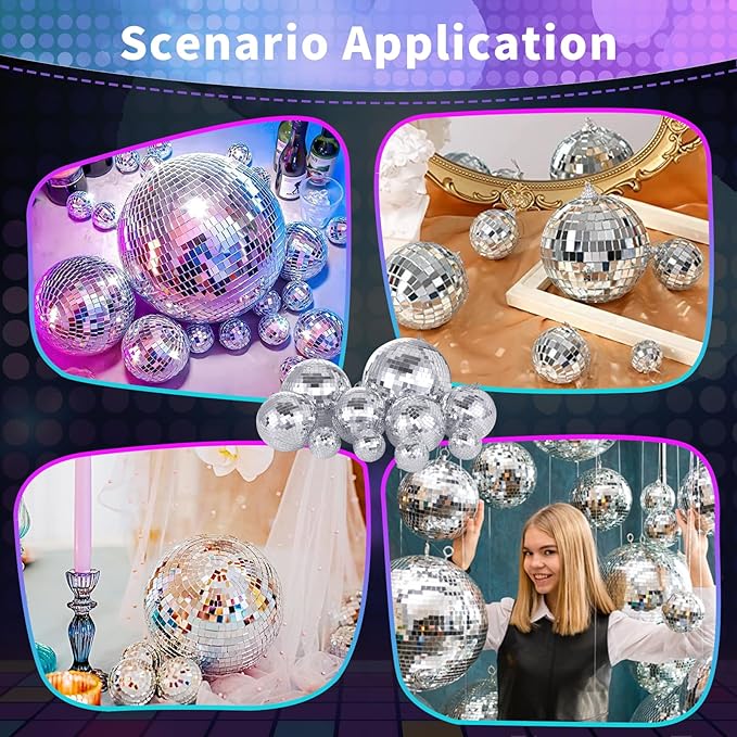 Large Mirror Disco Ball Bright Hanging Disco Ball: 6 Pcs Silver Reflective Mirror Ball - Disco Party 70s Ballroom Dance Music Festivals Decoration (10'', 8'', 3.2'')