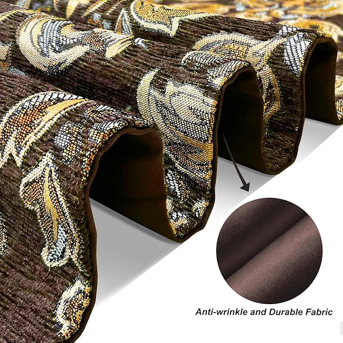 Embroidered Dark Brown Table Runners 120" Boho Thick Chenille Gold Floral Pattern for Party Decor
