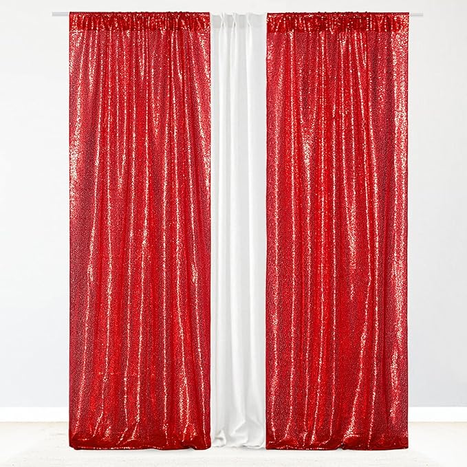 Eternal Beauty Red Sequin Backdrop Curtains, Valentine's Day Shimmer Back Drop 2Panels-2FTx8FT for Christmas, Party, Birthday, Photography, Wedding, Baby Shower Event Decoration