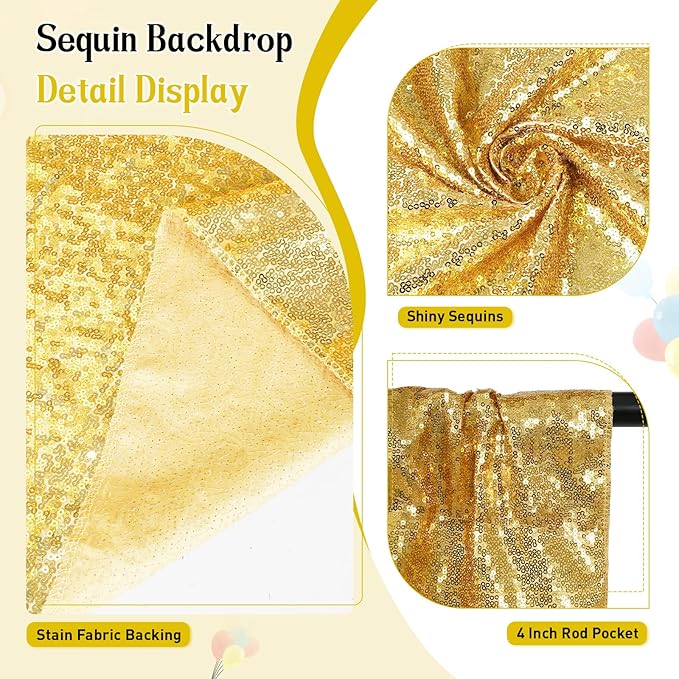 SquarePie Sequin Backdrop Less See Through Thick Background for Photography Glitter Curtain Party 8FT x 8FT Gold