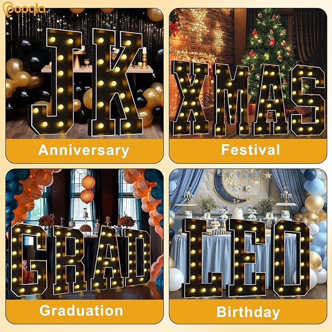 Pooqla 4 FT Marquee Light Up Letters, Giant LED Sign Black Marquee Letter Lights 4 Feet Tall, Big Mosaic Letters for Balloons Birthday Party Anniversary Wedding Decorations, Warm White Y